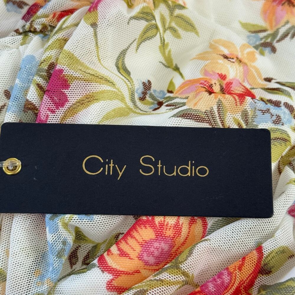 CITY STUDIO FLORAL RUCHED MESH BODYCON DRESS IN CREAM NWT JUNIORS SIZE 5/6 - Picture 13 of 15